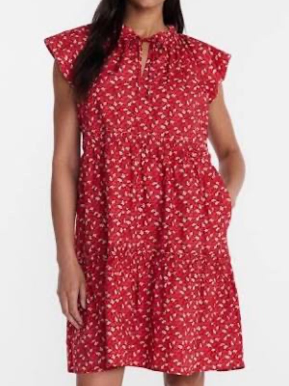 Time and Tru Red Floral Tiered Cotton Mini Dress with Flutter Sleeves, Large